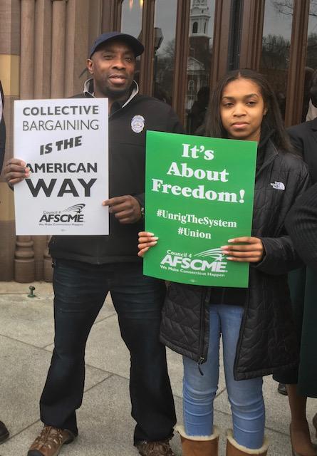 Bryanna Vanderburgh joined her father Leighton of Local 1565 at a rally in 2018 in New Haven to protest the Janus v. AFSCME case before the Supreme Court.